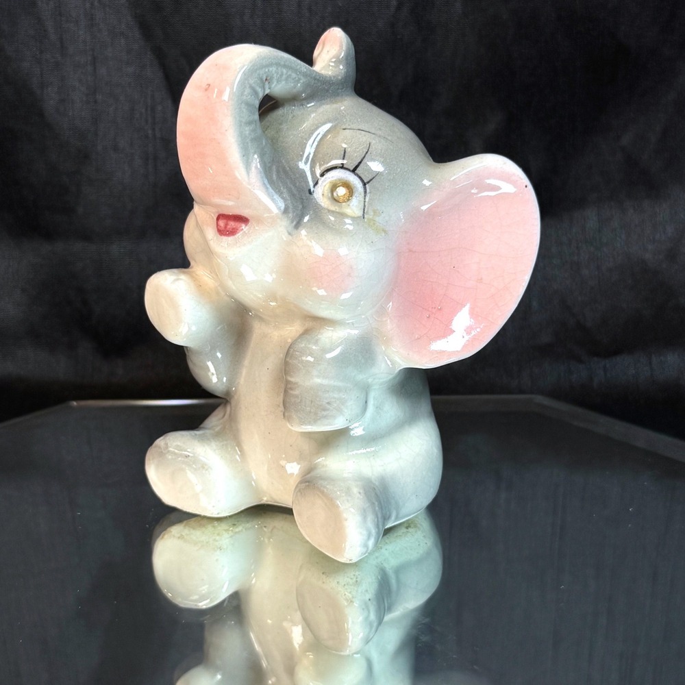 Vintage Ceramic Kitsch Elephant Figurine Grey Pink Trunk Up Glossy Decor